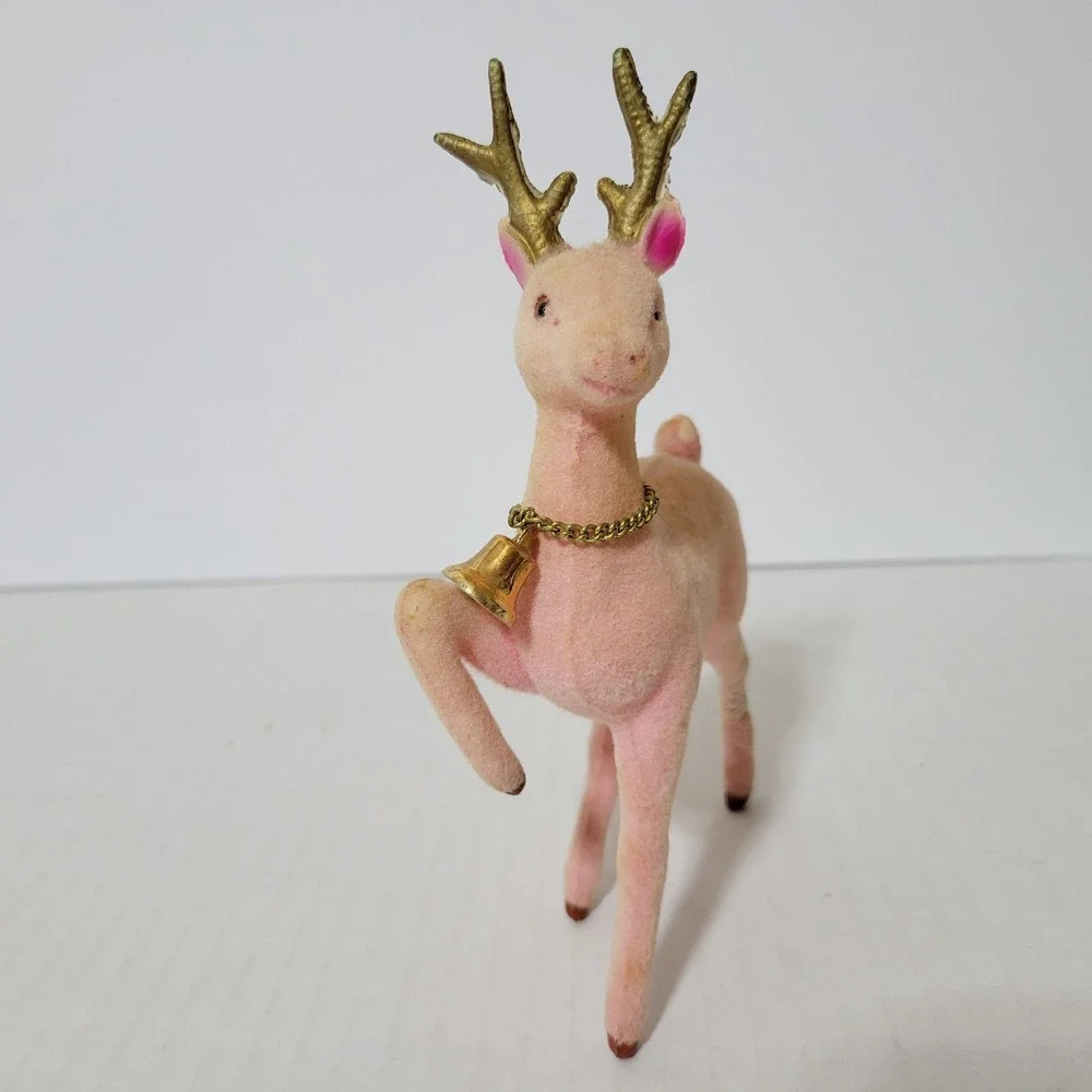 Vtg‎ Flocked Pink Reindeer Deer Lot of 2 Christmas MCM Fuzzy Kitschy 6.5